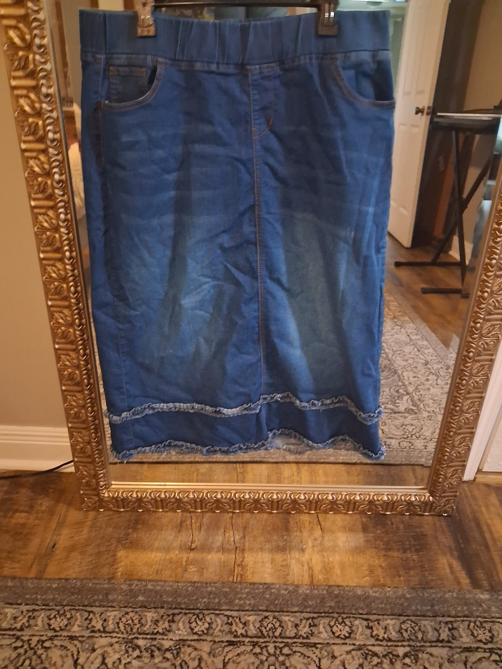 Blue Denim Straight Midi Skirt with Frayed Hem